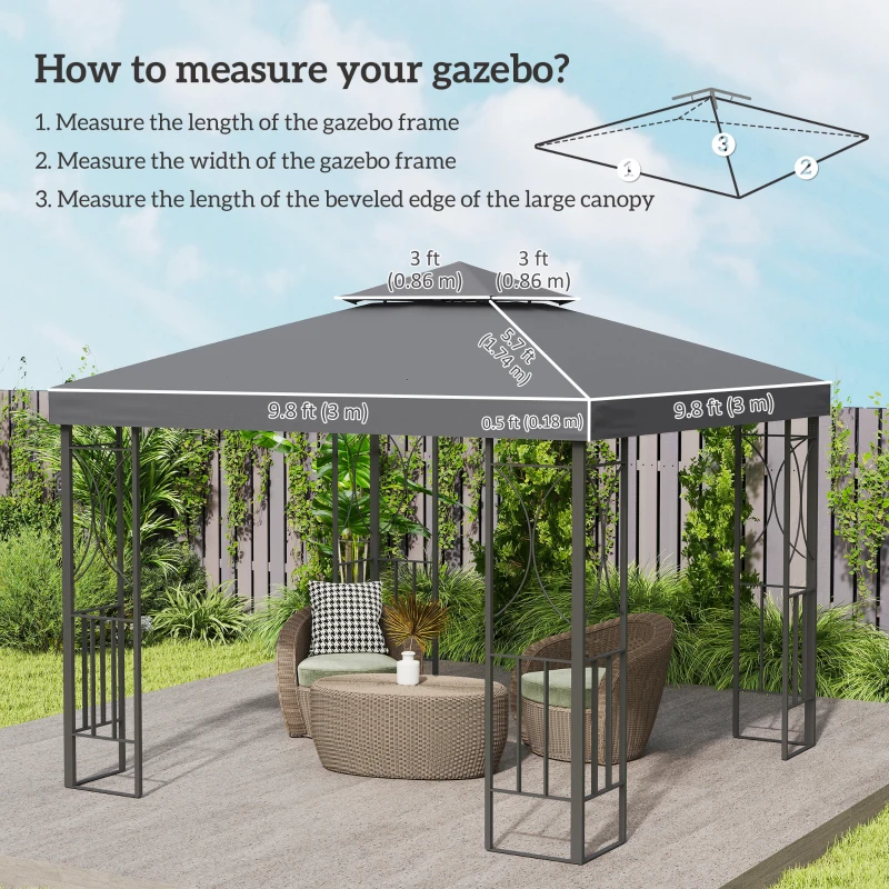 Outsunny 10' x 10' Square 2-Tier Gazebo Canopy Replacement Top Cover Outdoor Garden Sun Shade, Dark Grey