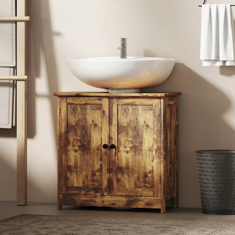 HOMCOM Bathroom Vanity Cabinet, Under Sink Bathroom Cabinet with 2 Doors and Adjustable Shelf, Rustic Brown