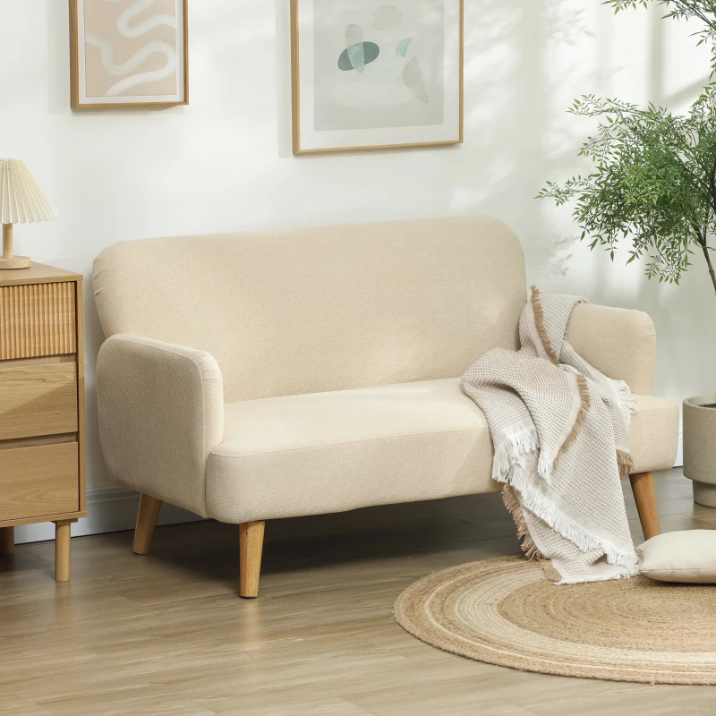 HOMCOM Velvet Feel Fabric 2 Seater Sofa, Small Sofa Loveseat with 8.3" Thick Padding and Wood Legs, Cream White