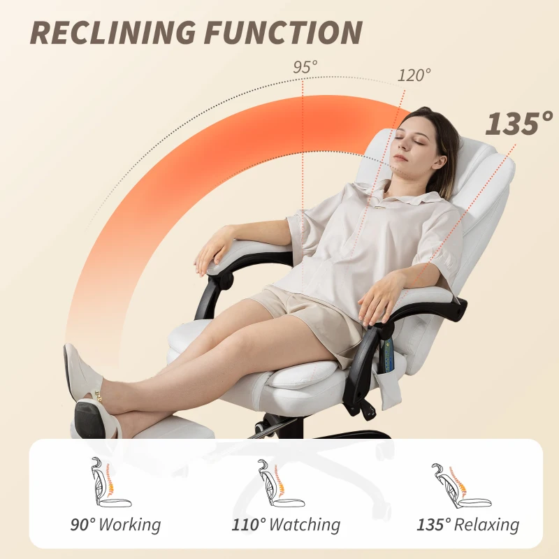 Vinsetto 7-Point Vibrating Massage Chair, Reclining Office Chair with Footrest, Reclining Back, Adjustable Height, White