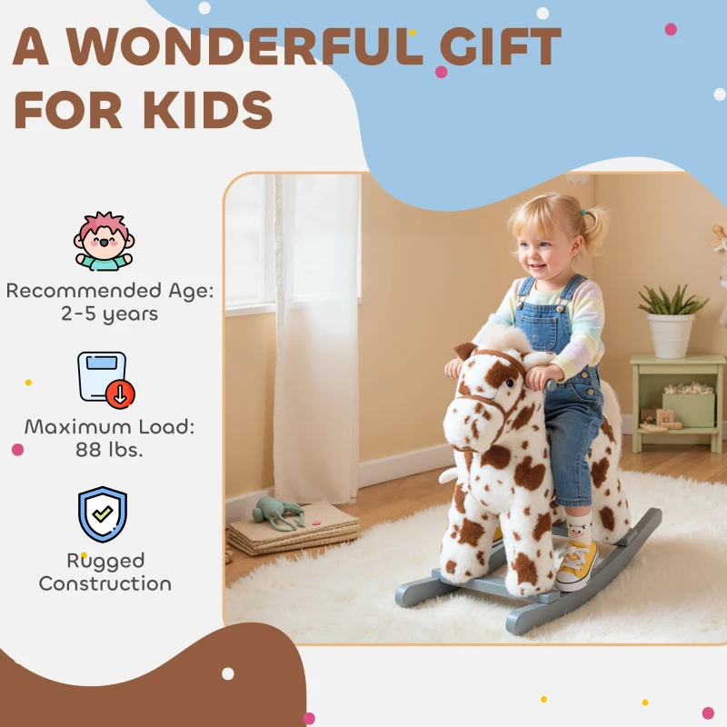 Qaba Rocking Horse, Animal Rocker with Rabbit Toy and Realistic Neigh for Toddlers, Soft Filling Ride on Pony, Brown