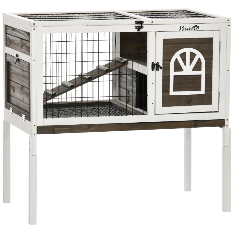 PawHut Rabbit Hutch Dual-Height Design Bunny House with Run Slide-Out Tray White and Coffee