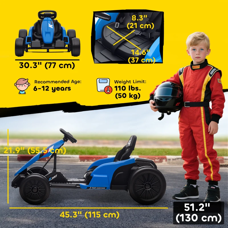 Qaba 24V Electric Go Kart with Dual 150W Motors, Adjustable Seat & 11.2MPH High Speed, Slow Start, 5-Point Harness, Blue