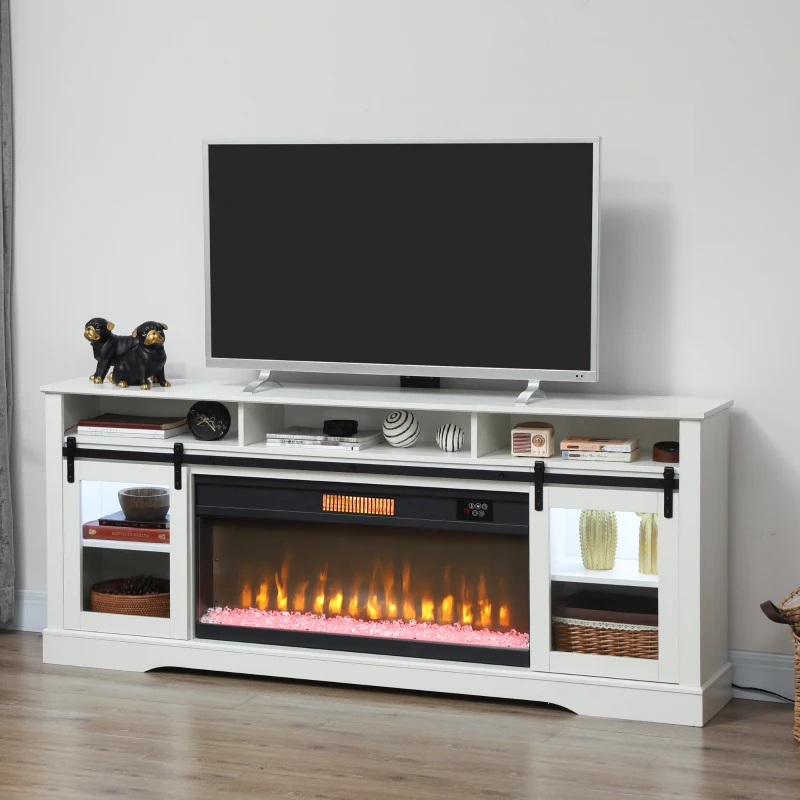 HOMCOM Fireplace TV Stand for TVs Up to 80 Inch, TV Console with Electric Fireplace, Open Storage and Side Cabinets, White