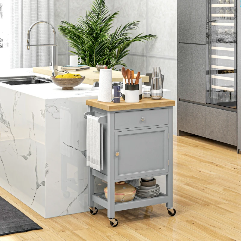 HOMCOM Kitchen Island on Wheels, Rolling Kitchen Cart with Rubberwood Top, Drawer, Wine Rack and Cabinet, Gray