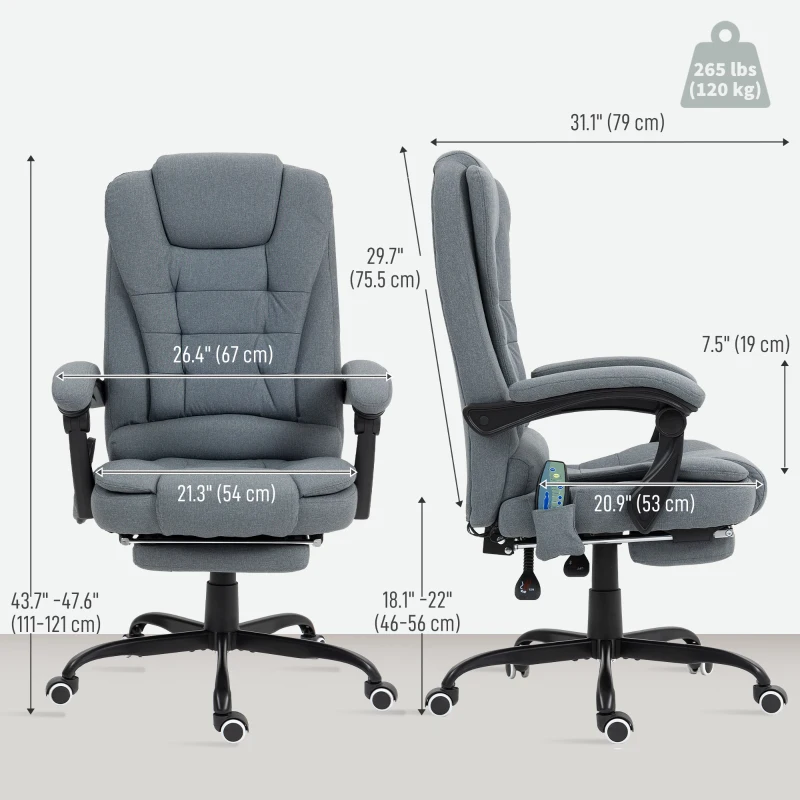 Vinsetto 7-Point Vibrating Massage Chair, Reclining Office Chair with Footrest, Reclining Back, Adjustable Height, Grey