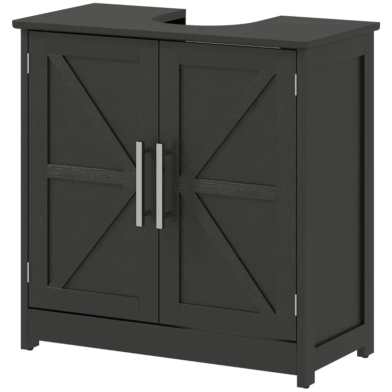 HOMCOM Farmhouse Pedestal Sink Storage Cabinet, Bathroom Sink Cabinet with 2 Barn Doors and Adjustable Shelf, Distressed Black
