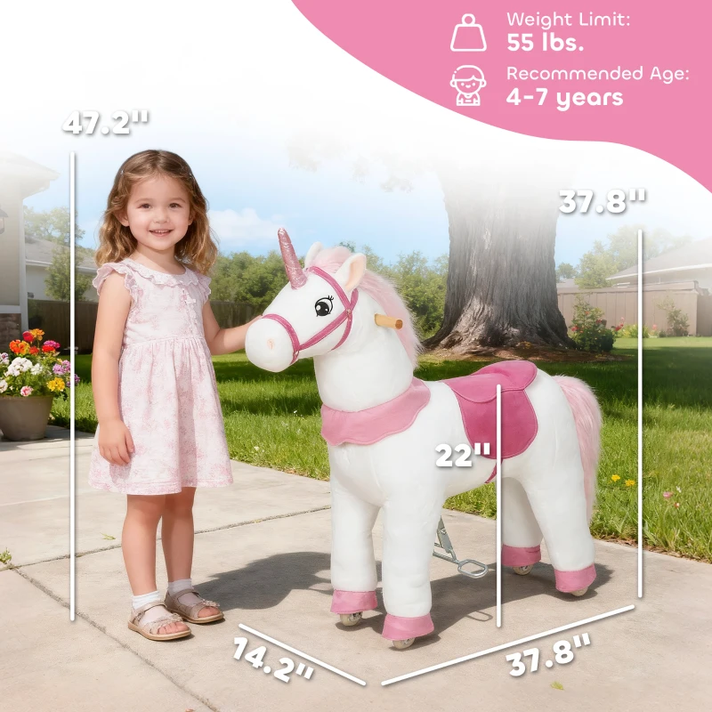 Qaba Ride on Unicorn Toy for Kids 4-7 Years, 37.8 Inch Plush Baby Rocking Horse with Wheels, No Battery Required, White