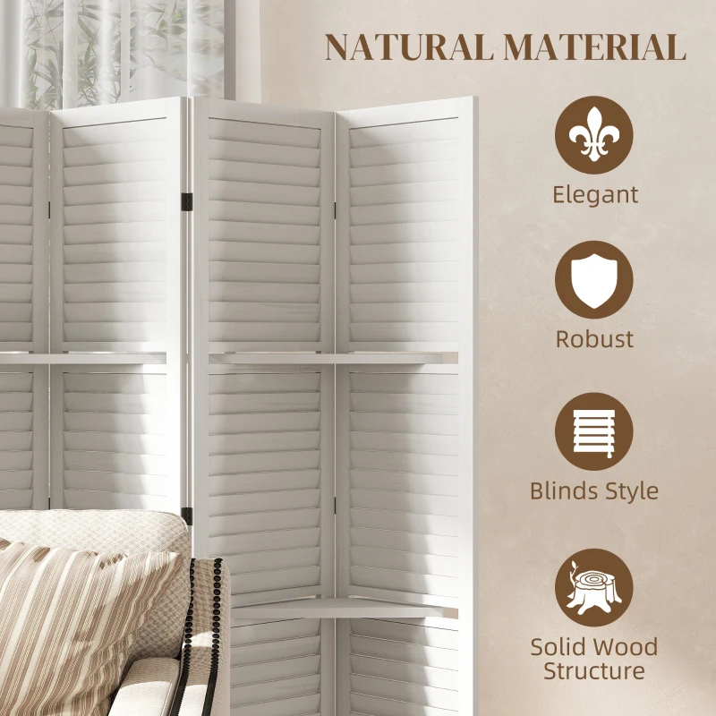 HOMCOM 6 Panel 67" Tall Wood Privacy Screen Room Divider with 3 Shelves and Folding Storage for Bedroom, White