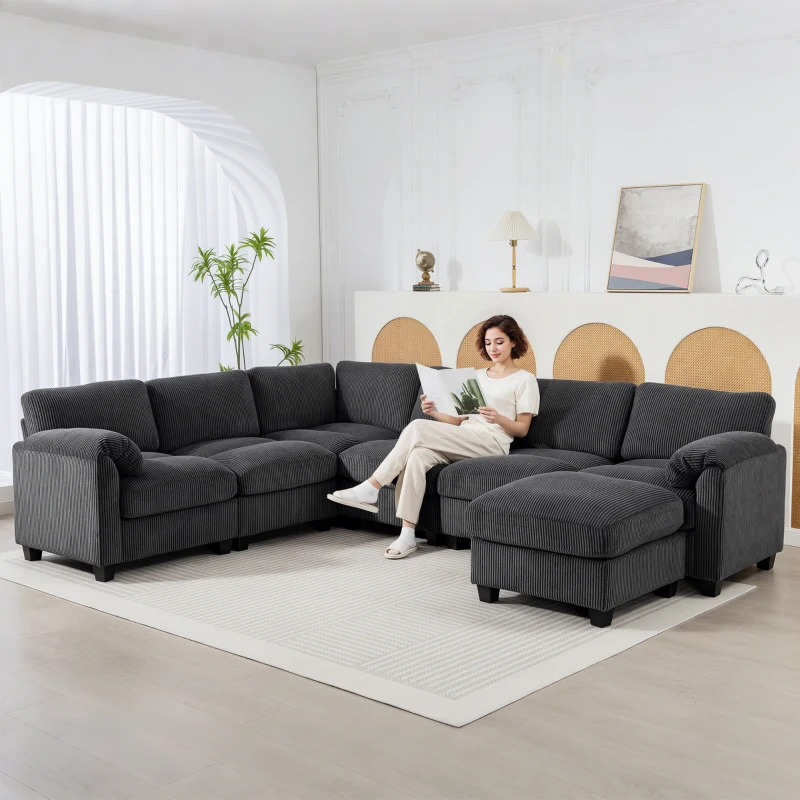 HOMCOM Modular Sectional Sofa, Oversized U-Shaped Couch with Spring Cushion, Corduroy Sofa for Living Room, Charcoal Grey