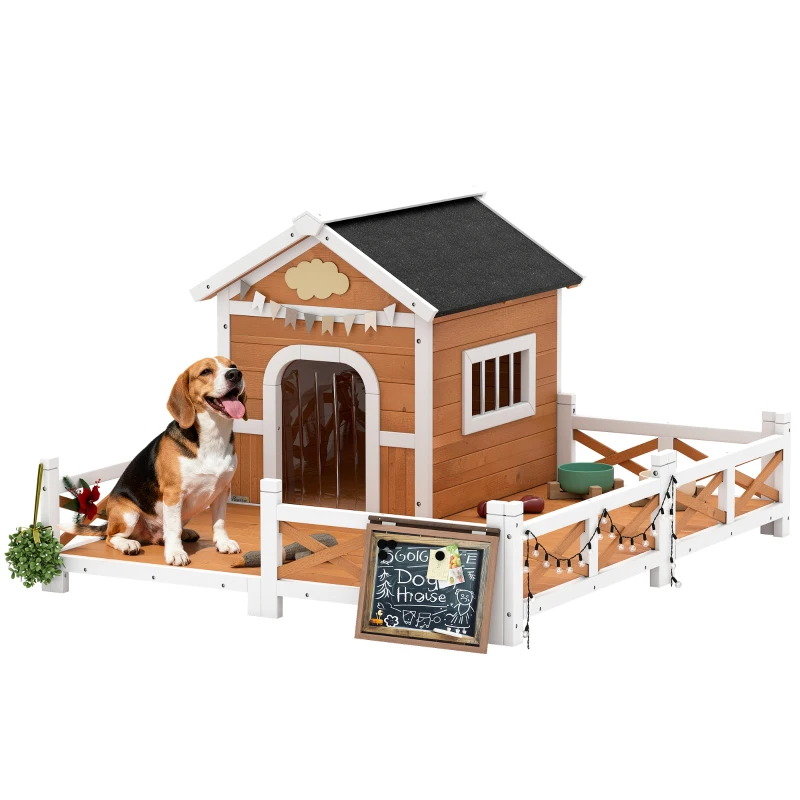 PawHut Outdoor Wooden Dog House, Dog Shelter with Large Porch, Weatherproof & Openable Roof, Elevated Base, Removable Floor