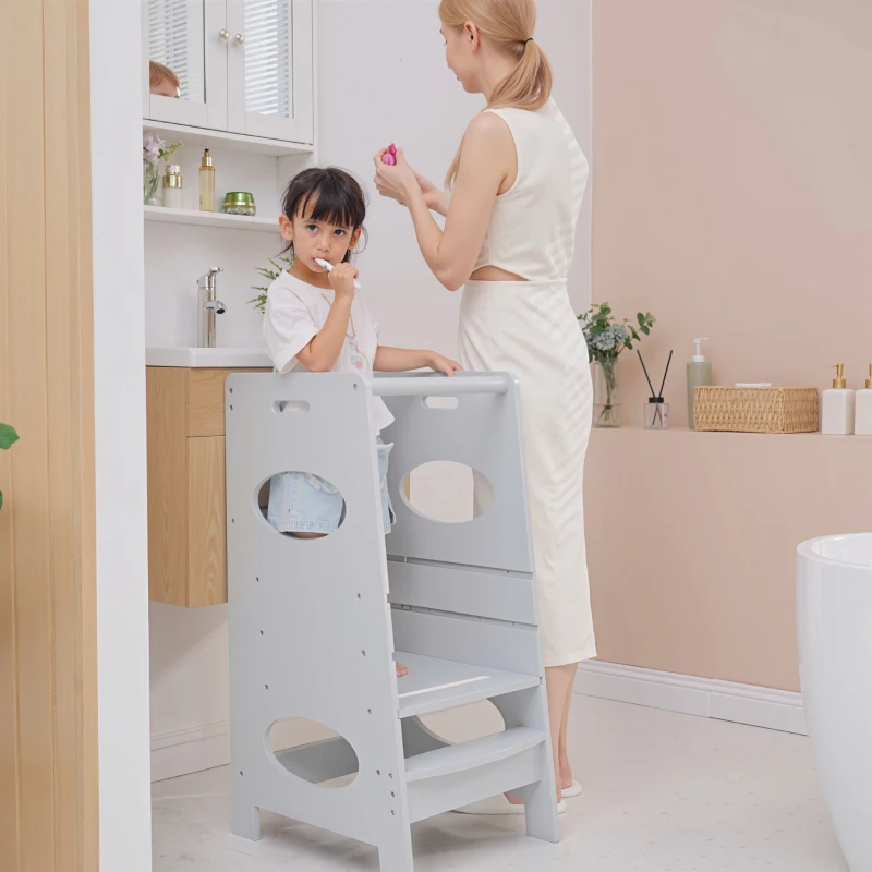 HOMCOM Toddler Tower Kitchen Helper with 3-Level Adjustable Height, Heavy-Duty Kids Step Stool with Safety Rail, Grey