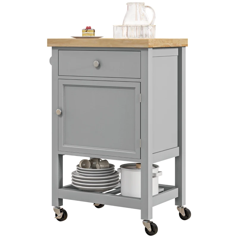 HOMCOM Kitchen Island on Wheels, Rolling Kitchen Cart with Rubberwood Top, Drawer, Wine Rack and Cabinet, Gray