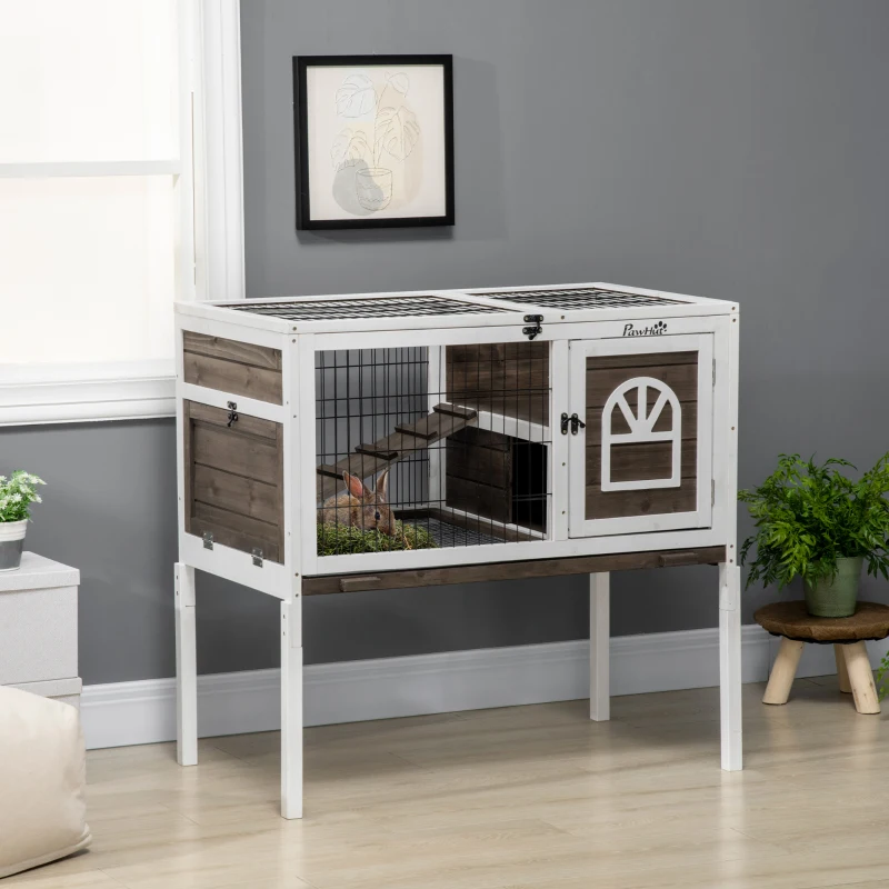 PawHut Rabbit Hutch Dual-Height Design Bunny House with Run Slide-Out Tray White and Coffee