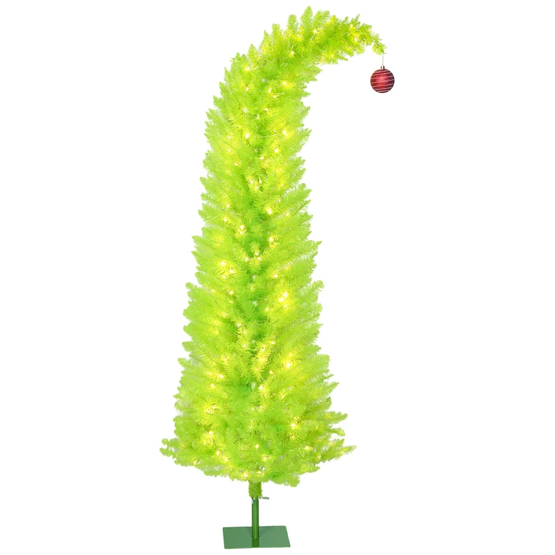 HOMCOM 6 ft Whimsical Christmas Tree, Pencil Xmas Tree with with Red Ball, Metal Base, Prelit with 230 LED Lights