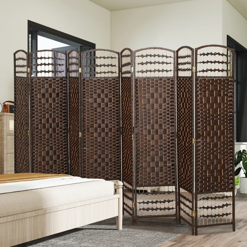 HOMCOM 8 Panel Folding Room Divider Portable Privacy Screen Wave Fiber Room Partition for Home Office Brown