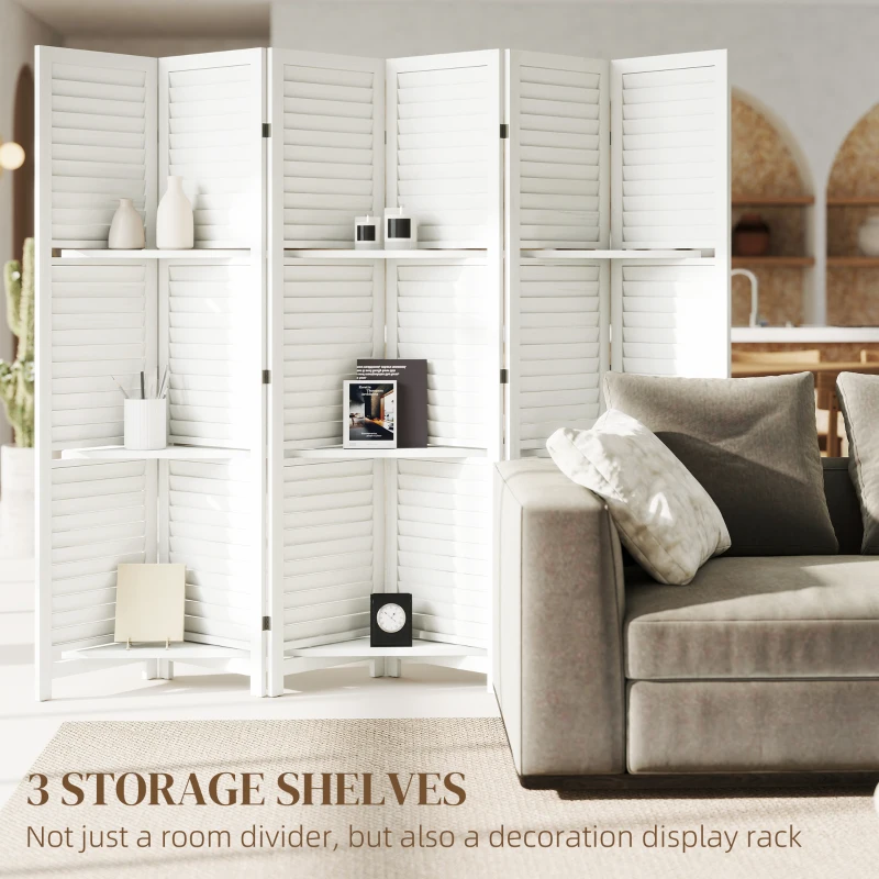 HOMCOM 6 Panel 67" Tall Wood Privacy Screen Room Divider with 3 Shelves and Folding Storage for Bedroom, White