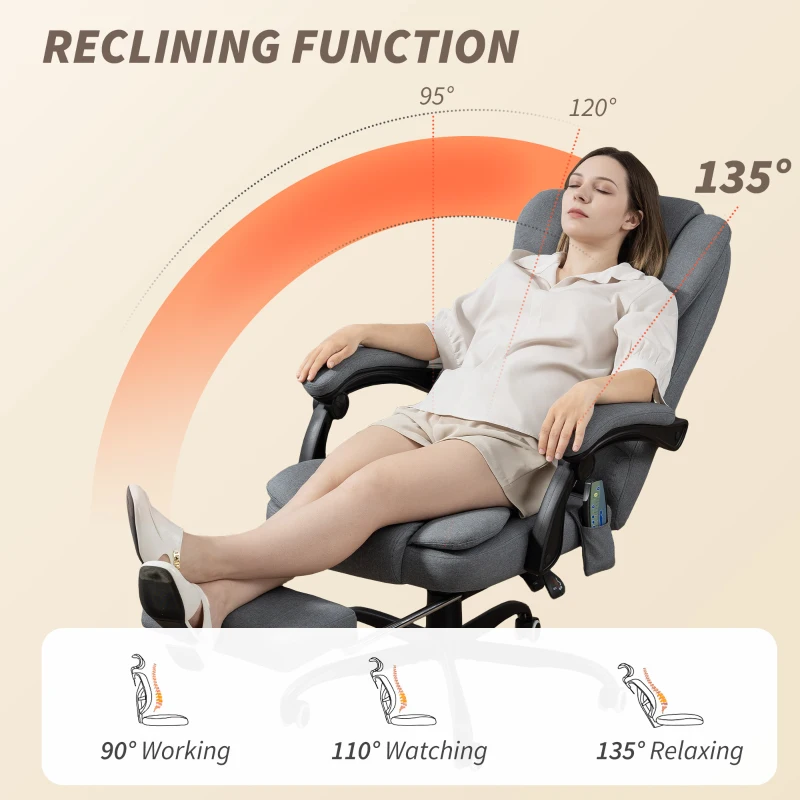 Vinsetto 7-Point Vibrating Massage Chair, Reclining Office Chair with Footrest, Reclining Back, Adjustable Height, Grey
