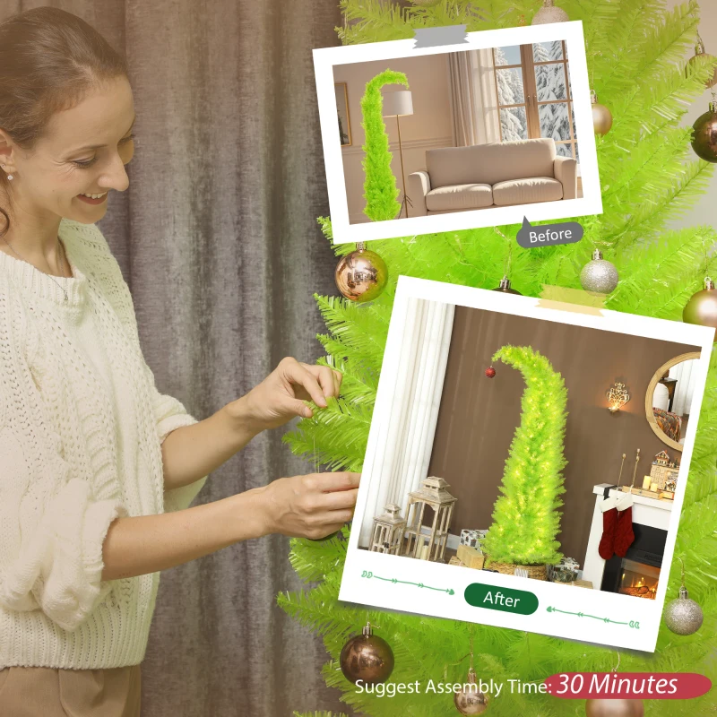 HOMCOM 6 ft Whimsical Christmas Tree, Pencil Xmas Tree with with Red Ball, Metal Base, Prelit with 230 LED Lights