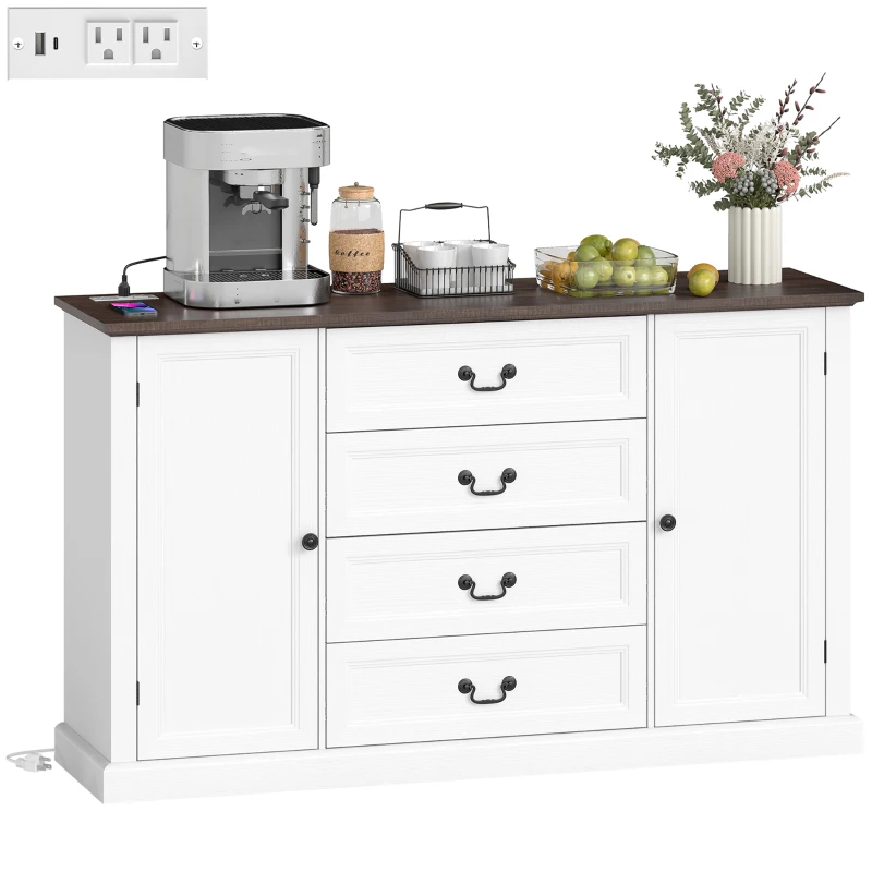 HOMCOM Farmhouse Sideboard with Charging Station, 58" Buffet Cabinet, Kitchen Storage Cabinet with 4 Drawers, 2 Doors, White
