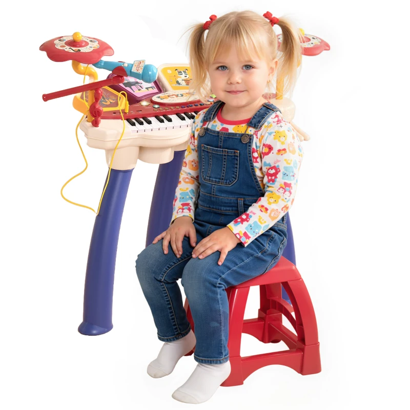 Qaba 2 in 1 Kids Piano Keyboard Drum Set with Sounds, Lights, Microphone, Stool