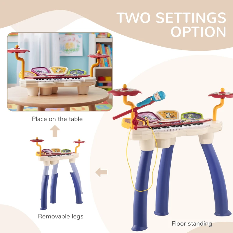 Qaba 2 in 1 Kids Piano Keyboard Drum Set with Sounds, Lights, Microphone, Stool