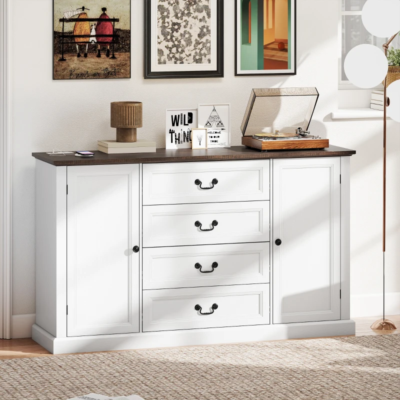 HOMCOM Farmhouse Sideboard with Charging Station, 58" Buffet Cabinet, Kitchen Storage Cabinet with 4 Drawers, 2 Doors, White