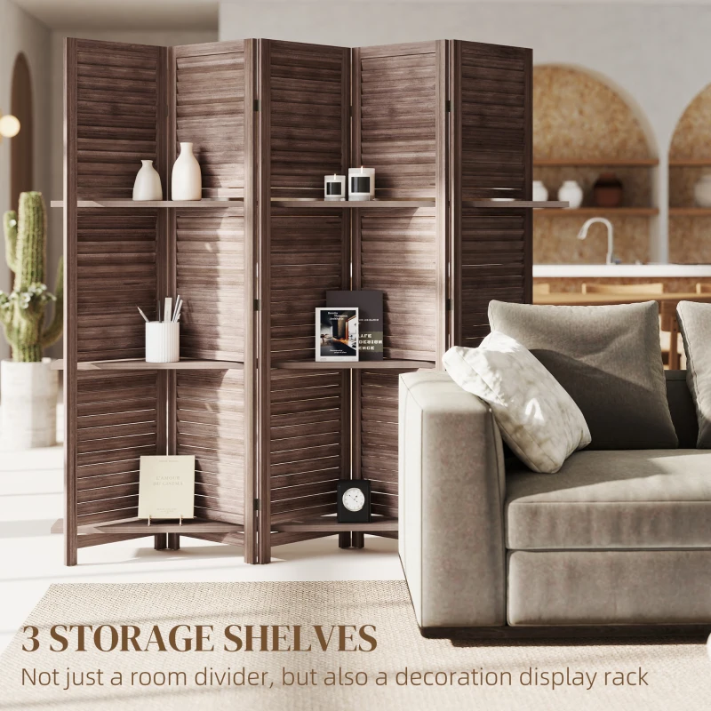 HOMCOM 5 Panel 67" Tall Wood Privacy Screen Room Divider with 3 Shelves and Folding Storage for Bedroom, Walnut