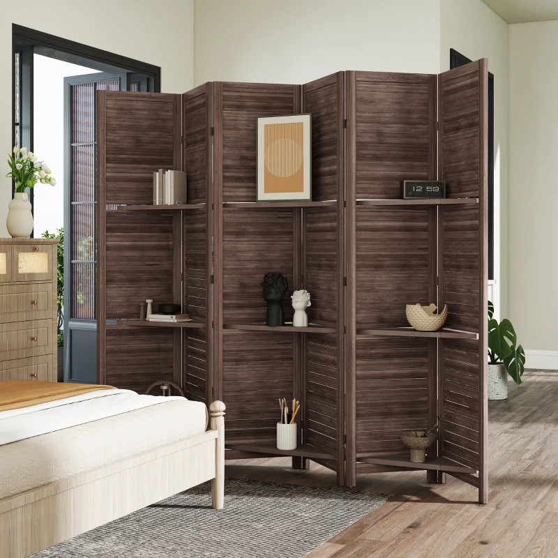 HOMCOM 6 Panel 67" Tall Wood Privacy Screen Room Divider with 3 Shelves and Folding Storage for Bedroom, Walnut