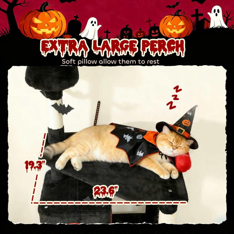PawHut 78" Gothic Cat Tree, Cat Tower with Coffin Bed, 2 Spacious Condos, Sisal Scratching Posts, Bat Hanging Balls, Halloween