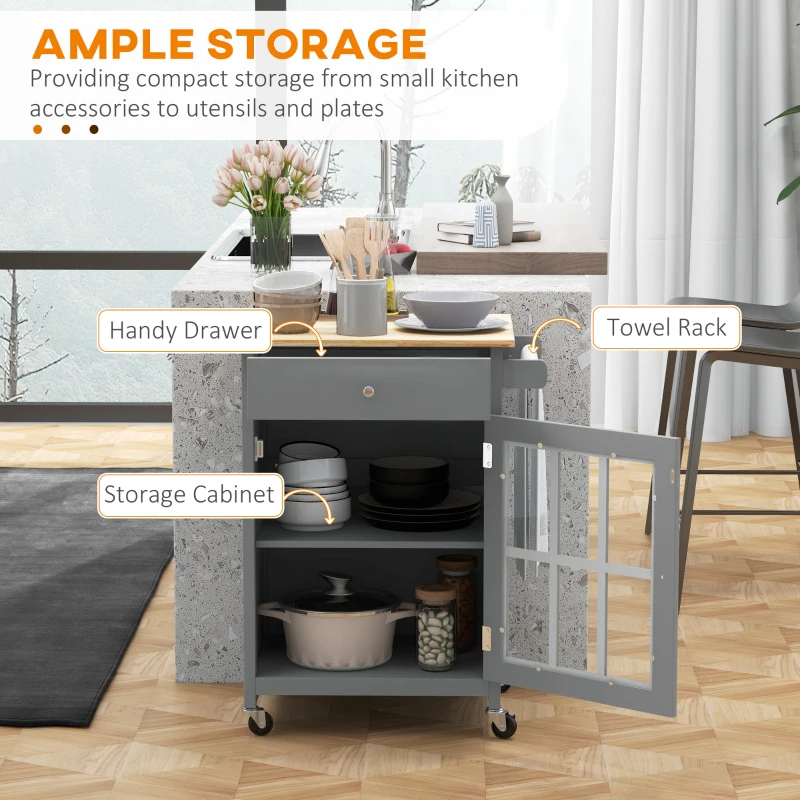 HOMCOM Rolling Kitchen Cart with Drawer and Glass Door Cabinet, Kitchen Island on Wheels with Towel Rack, Grey