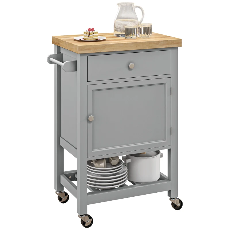 HOMCOM Kitchen Island on Wheels, Rolling Kitchen Cart with Rubberwood Top, Drawer, Wine Rack and Cabinet, Gray