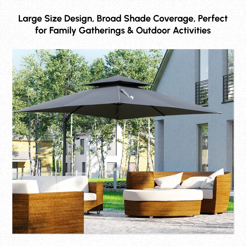 Outsunny 10' x 10' Cantilever Patio Umbrella, Double Top Square Offset Umbrella with 360° Rotation, 5 Adjustable Tilt Angles, Umbrella Cover, Aluminum Pole and Ribs, Charcoal Grey