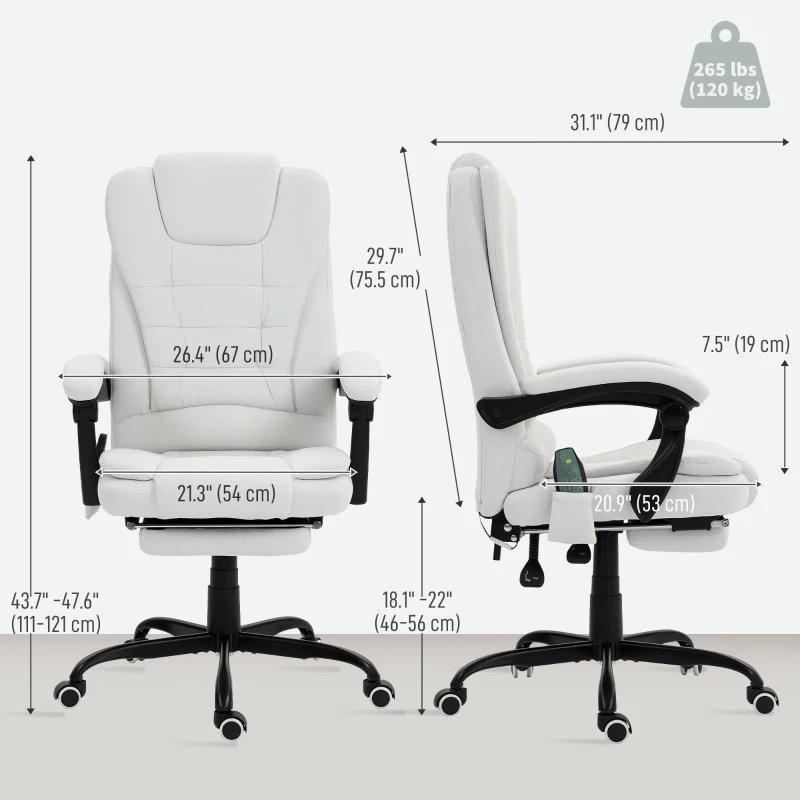 Vinsetto 7-Point Vibrating Massage Chair, Reclining Office Chair with Footrest, Reclining Back, Adjustable Height, White