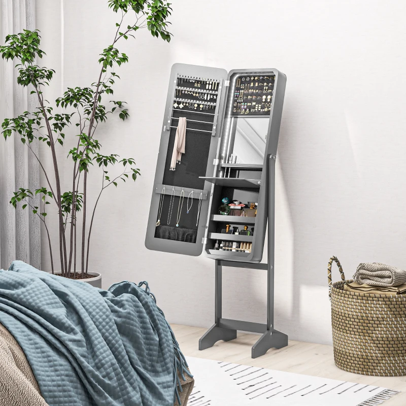 HOMCOM Standing Mirror Jewelry Cabinet, Jewelry Storage Cabinet with LED Lights and Angle Adjustable Full Length Mirror, Grey