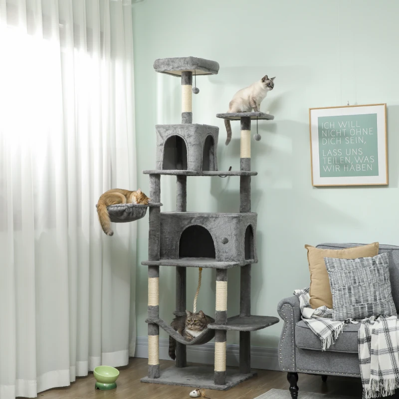 PawHut Multi-Level Cat Tower, 80" Tall Cat Tree, with 2 Condos, 2 Hammocks, 6 Sisal Scratching Posts, Dark Gray