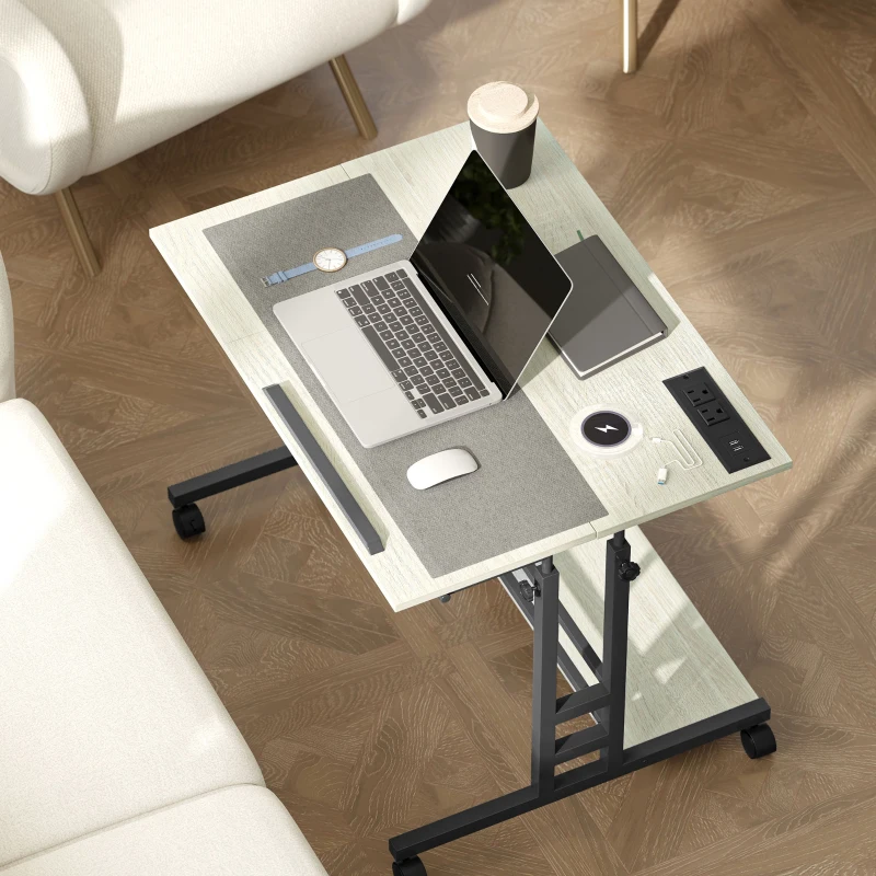 HOMCOM Adjustable Standing Desk with Power Outlets, Stand Up Desk with Tiltable Tabletop, Wheels, Shelf, for Home Office, Oak