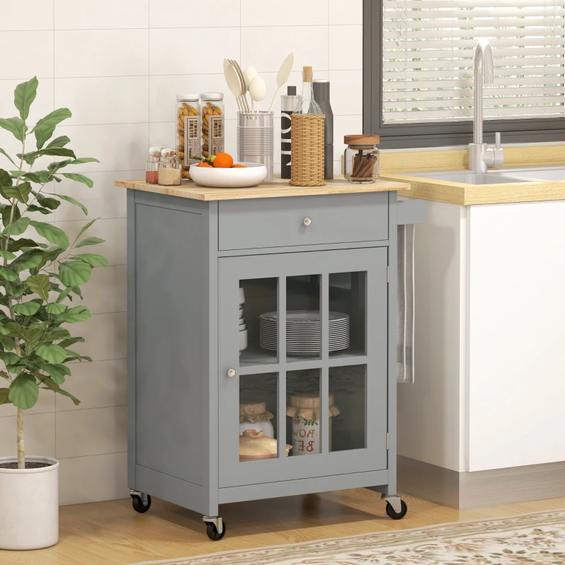 HOMCOM Rolling Kitchen Cart with Drawer and Glass Door Cabinet, Kitchen Island on Wheels with Towel Rack, Grey