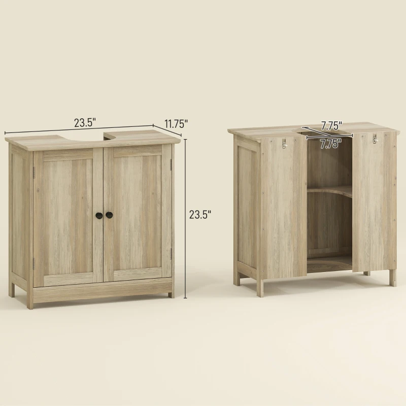 HOMCOM Bathroom Vanity Cabinet, Under Sink Bathroom Cabinet with 2 Doors and Adjustable Shelf, Weathered Gray Oak