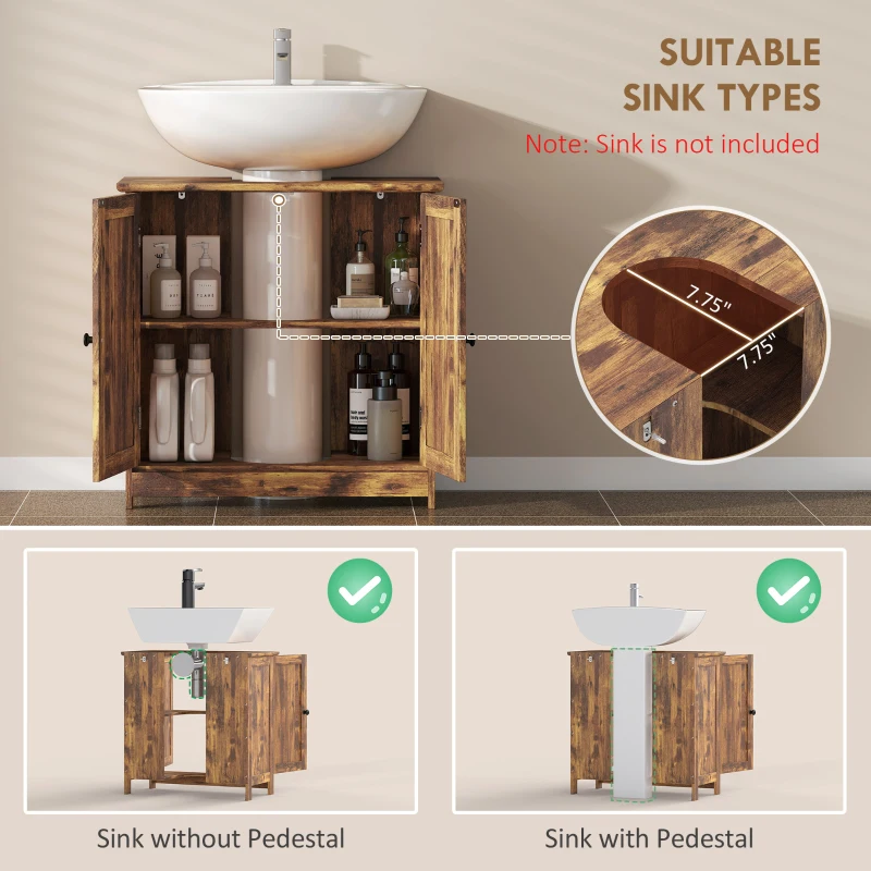 HOMCOM Bathroom Vanity Cabinet, Under Sink Bathroom Cabinet with 2 Doors and Adjustable Shelf, Rustic Brown