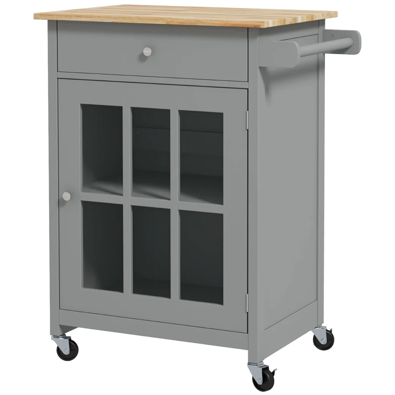 HOMCOM Rolling Kitchen Cart with Drawer and Glass Door Cabinet, Kitchen Island on Wheels with Towel Rack, Grey