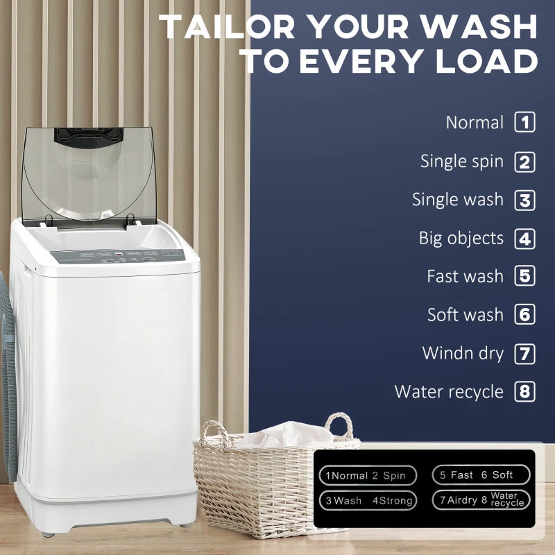 HOMCOM Compact Washer, Portable Washing Machine, Full Automatic Washer with 8 Programs and 6 Water Levels, White