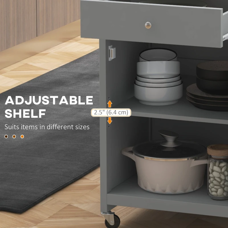 HOMCOM Rolling Kitchen Cart with Drawer and Glass Door Cabinet, Kitchen Island on Wheels with Towel Rack, Grey