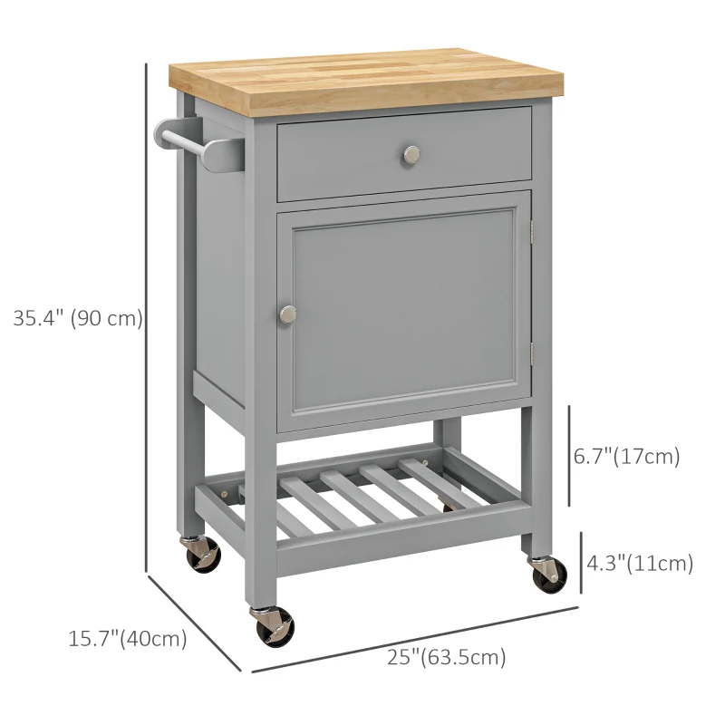 HOMCOM Kitchen Cart on Wheels, Rolling Kitchen Island Cart with Wood Top, Towel Rack, Drawer and Shelf for Dining Area, Grey