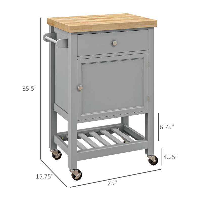 HOMCOM Kitchen Island on Wheels, Rolling Kitchen Cart with Rubberwood Top, Drawer, Wine Rack and Cabinet, Gray