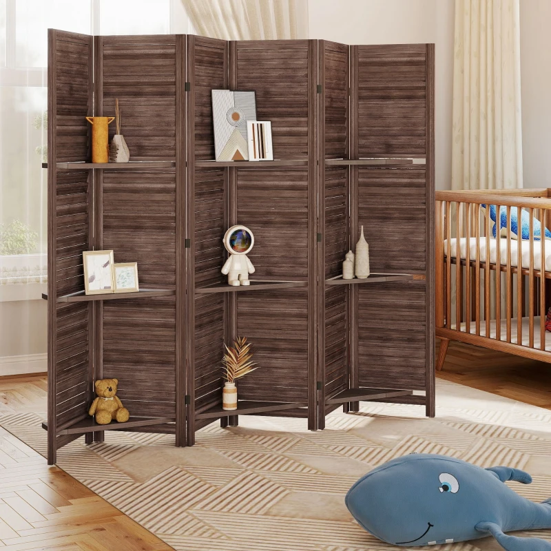 HOMCOM 6 Panel 67" Tall Wood Privacy Screen Room Divider with 3 Shelves and Folding Storage for Bedroom, Walnut