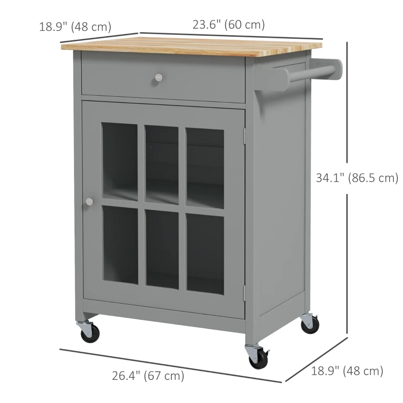 HOMCOM Rolling Kitchen Cart with Drawer and Glass Door Cabinet, Kitchen Island on Wheels with Towel Rack, Grey