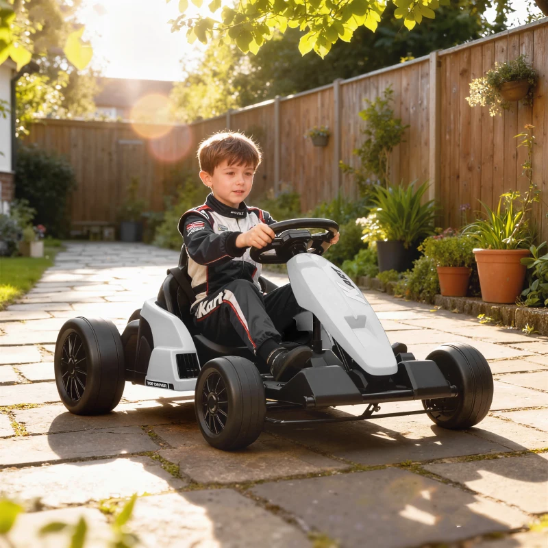 Qaba 24V Electric Go Kart with Dual 150W Motors, Adjustable Seat & 11.2MPH High Speed, Slow Start, 5-Point Harness, White