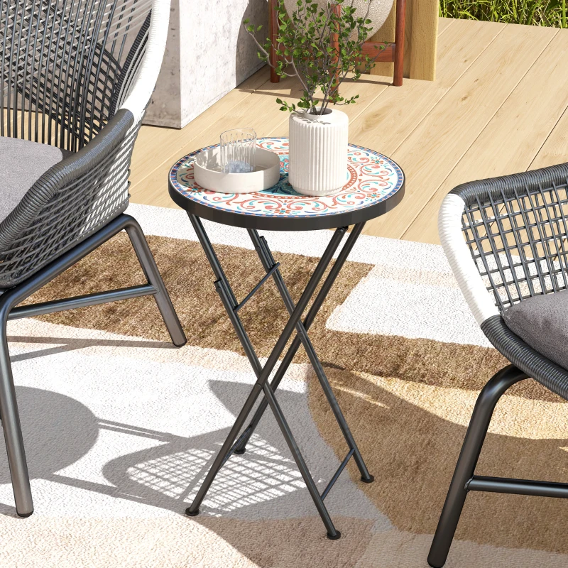 Outsunny Mosaic Outdoor Patio Side Table, 14" Round Folding Outdoor Coffee Table with Steel Frame for Balcony Deck Patio Terrace, Mixed Colour