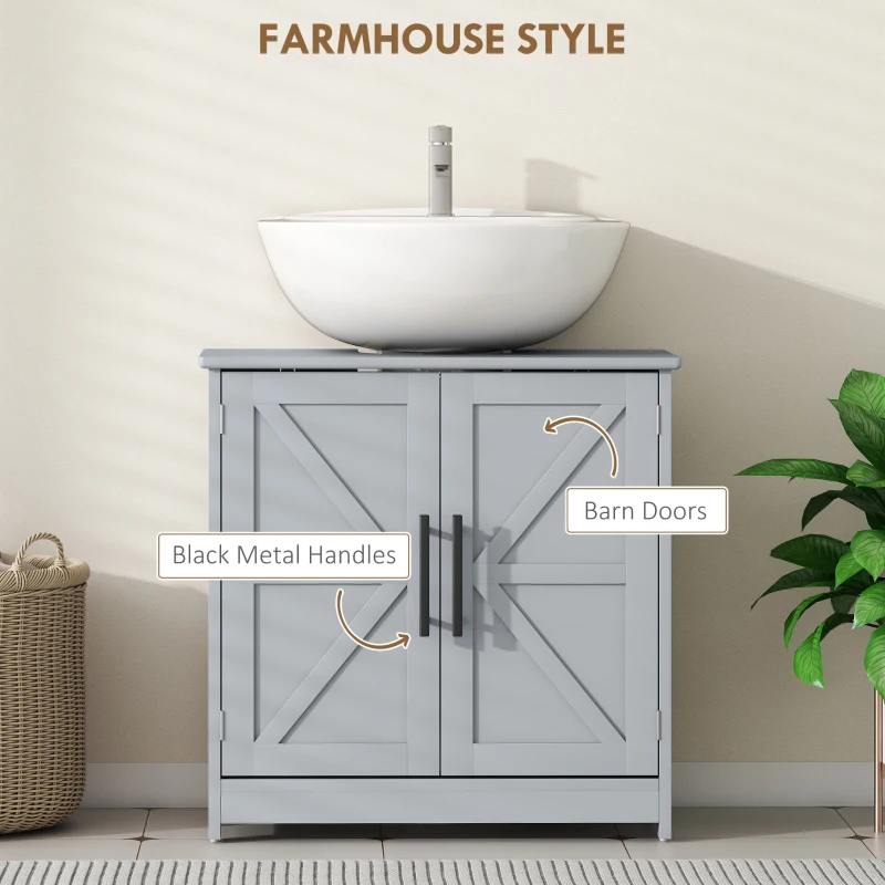 HOMCOM Farmhouse Pedestal Sink Storage Cabinet, Bathroom Sink Cabinet with 2 Barn Doors and Adjustable Shelf, Dark Gray